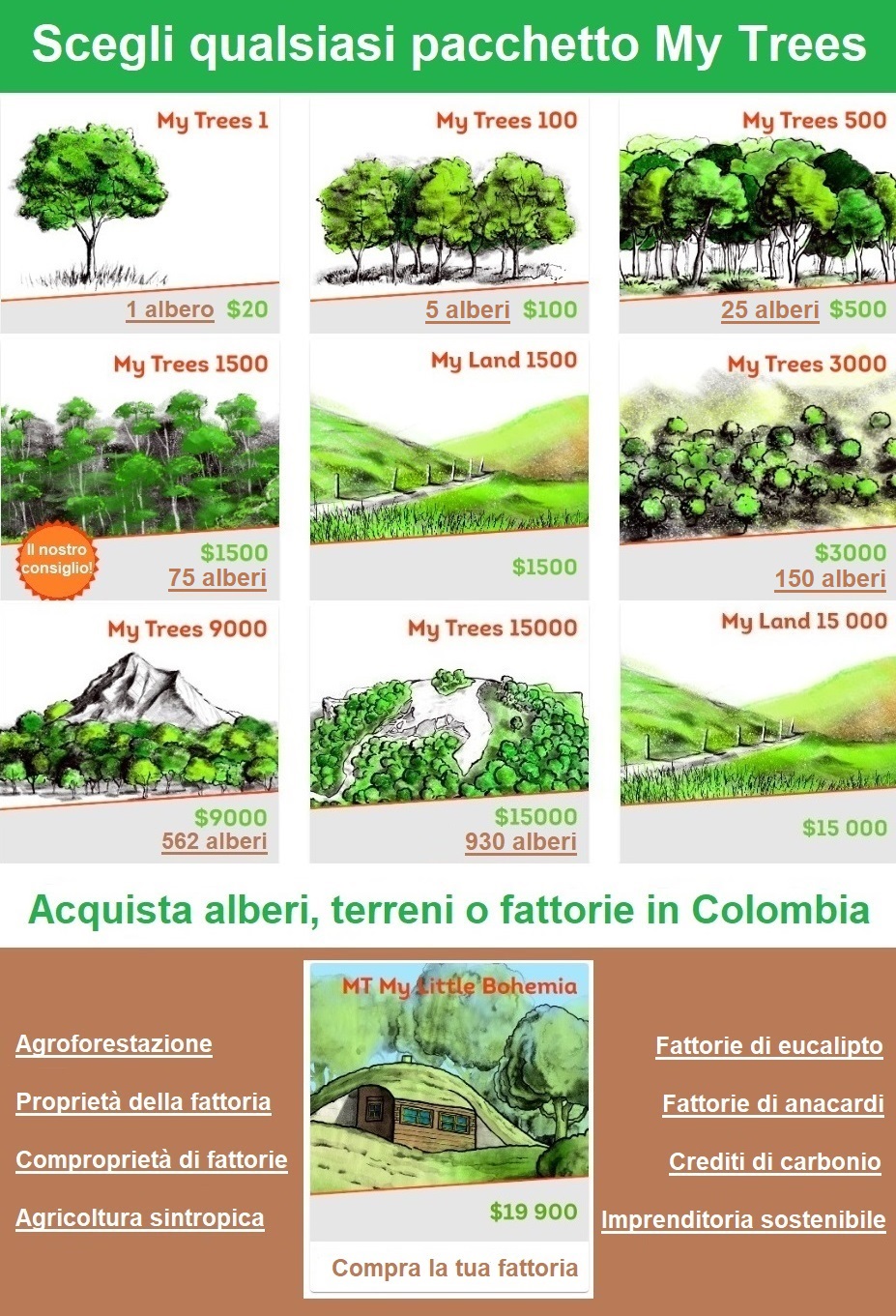 Scegli un pacchetto di investimento My Trees / Acquista alberi e terreni in Colombia. My Trees / $20 / 1 albero. My Trees 100/ $100 / 6 alberi. My Trees 500/$500/31 alberi. My Trees 1500/$1500/93 alberi. My Trees 3000/$3000/187 alberi. My Trees 9000/ $9000 / 562 alberi.