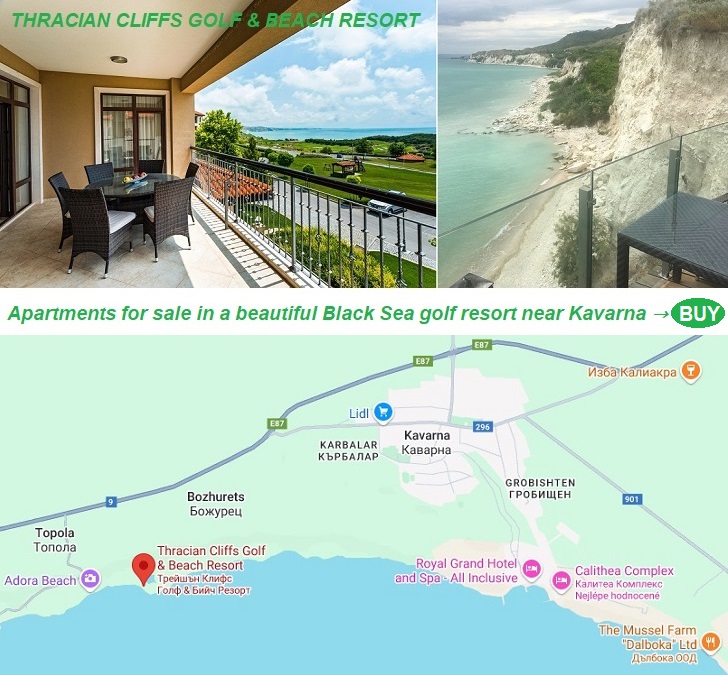 Thracian Cliffs Golf & Beach Resort - Apartments for sale in a beautiful Black Sea golf resort near Kavarna in Bulgaria. Map.