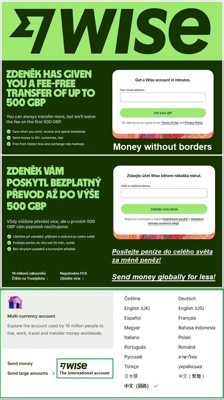 Wise.com - The international account. Money without borders. Zdeněk has given you a fee-free transfer of up to 500 GBP - Send money globally for lees / Zdeněk vám poskytl bezplatný převod až do výše 500 GBP - Posílejte peníze do celého světa za méně peněz